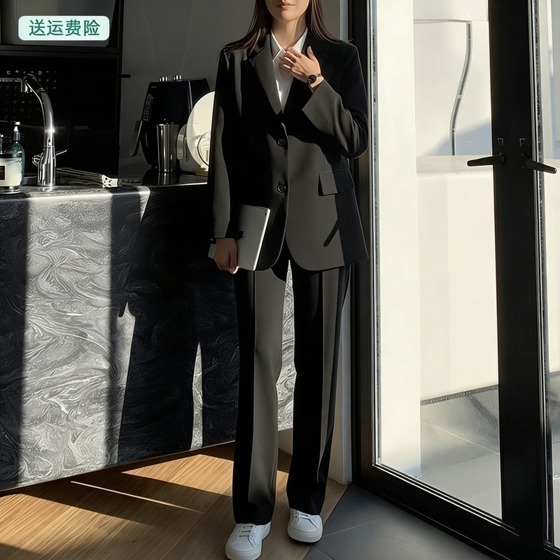 Suit Set for Women, Spring and Autumn, Long-Sleeved, Black Blazer, Loose-Fitting Formal Wear, College Student Career Interview Workwear