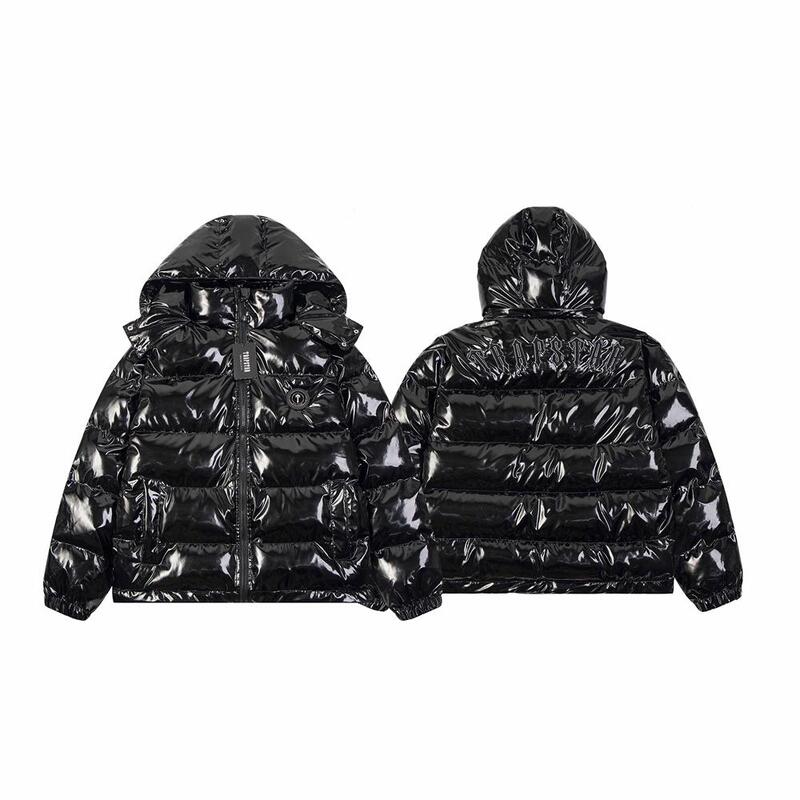 Trapstar New Autumn and Winter Glossy Pu Leather Jacket Thickened down Cotton Coat Hooded Jacket Unisex Cotton Coat High Street Fashion