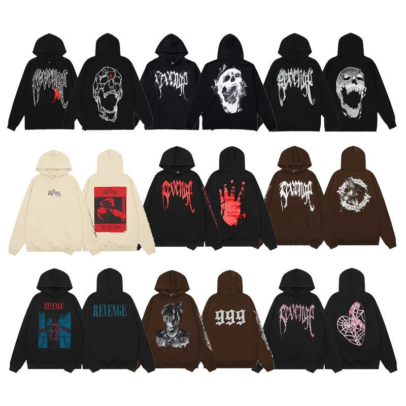 Revenge Style Black American High Street Hoodie Sweatshirt with Skull Logo, Same Style as Xxx