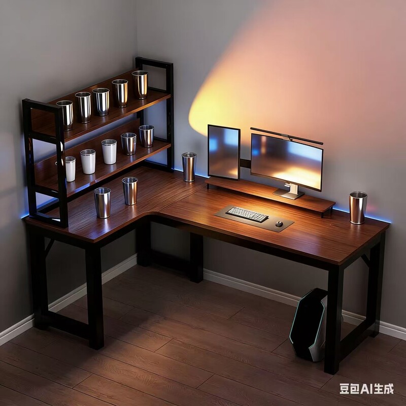 Pull-Out Cover Cup Holder, Gaming Corner Computer Desk, Corner-Style Writing Desk, Office Desk, Luminous Aluminum Material