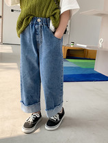 Girls Jeans Fashion High Waist Design Wide Leg Pants Childrens Autumn Clothes Korean Style Straight Pants Long Pants Trendy