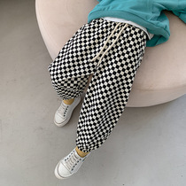 Childrens clothing spring and autumn checkerboard trousers childrens plaid casual sweatpants men and women trendy baby personality foreign style trousers