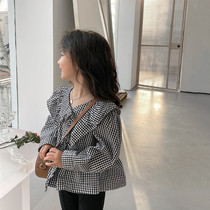 Girls shirt autumn 2022 spring Korean version childrens doll collar fungus edge plaid shirt long-sleeved top thin