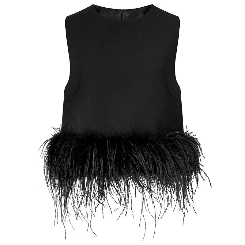 Unique Design Ostrich Feather Camisole for Women, Featuring Feather Trim at the Hem, Slim Fit, Sleeveless, Solid Color, Short Top Unique Design Ostrich Feather Camisole for Women, Featuring Feather Trim at the Hem, Slim Fit, Sleeveless, Solid Color, Short Top