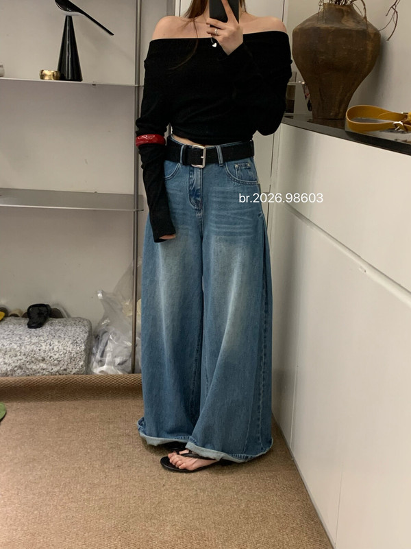 26 Years Early Spring Br Korean Style Versatile Pleated Casual Wide-Leg Jeans with Belt 98603 Loose Slimming Women's Pants