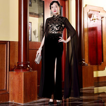 Doriqi black Cheongsam dress improved fashion long elegant velvet Cheongsam show catwalk high-end performance clothes womens autumn