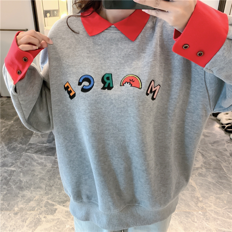 VK旗艦店 韓國風寬鬆撞色Polo領假兩件字母刺繡長袖上衣