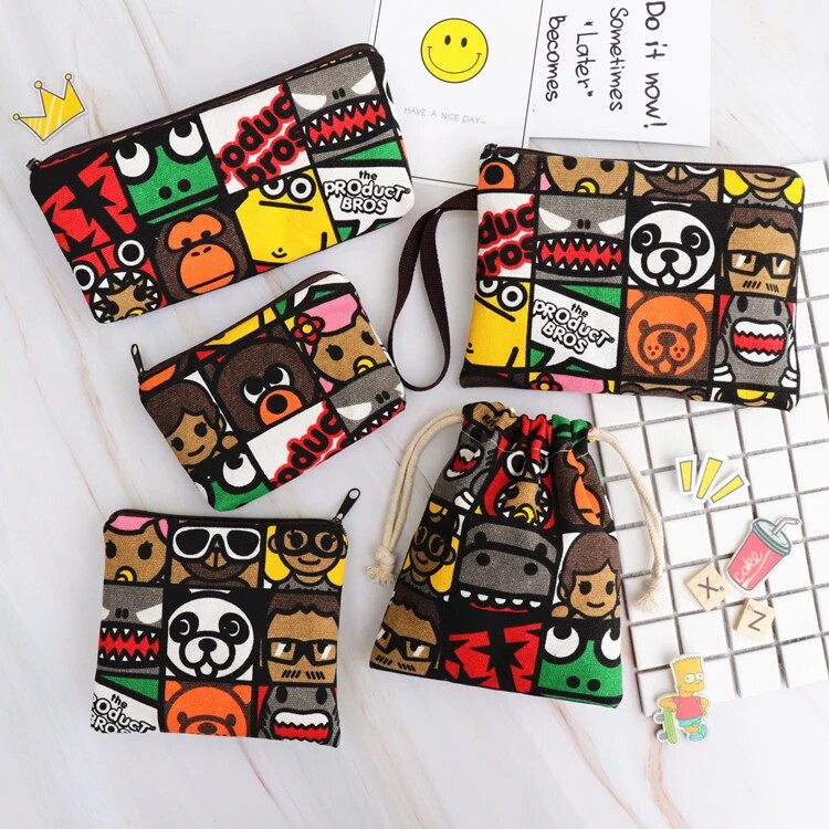 Canvas Damp Cartoon Personality Cell Phone Wrist Bag Zero Money Key Sanitary Cotton Makeup Bag Containing Drawing Rope Pen Card Bunch Pocket