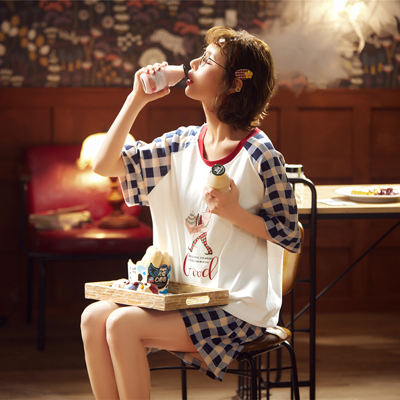 Longsa đồ ngủ cô gái mùa hè ngắn tay bông mỏng hai mảnh bộ Hàn Quốc phiên bản của sinh viên dễ thương mùa xuân và mùa thu mùa hè nhà quần áo.