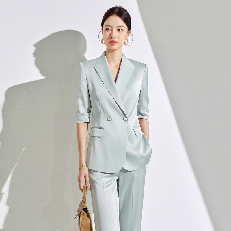 Casual and Elegant Style 2026 Summer Hot-Selling Aqua Blue Three-Quarter Sleeve Double-Breasted Suit Set for Women, Slim Fit Two-Piece Set