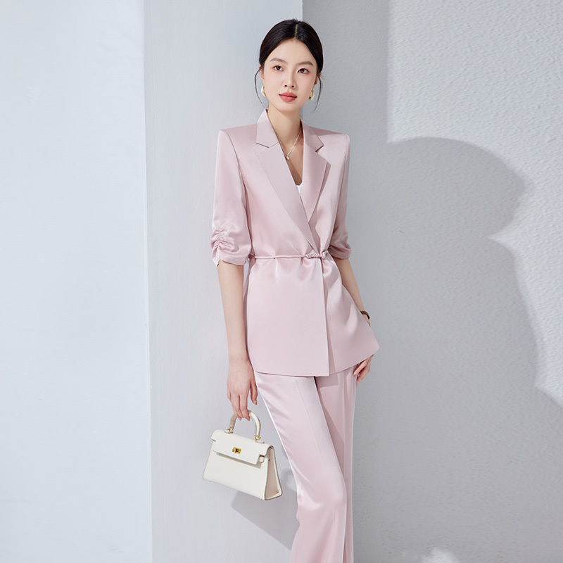 Summer New Style Chinese-Style High-End Pink Sweet Acetate Short-Sleeved Suit Set for Women, Professional Commuting Suit Jacket, Thin