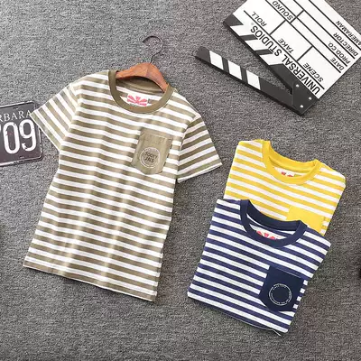 Boys' striped short-sleeved T-shirt cotton navy short-sleeved T-shirt kids casual top summer round neck T-shirt