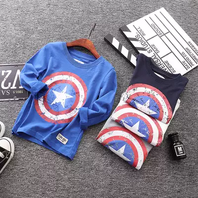 Spring and Autumn Children Boys' America Captain Cotton Long Sleeve t Sleeve Mid-Big Children Autumn Dress Thin Top T-Shirt base shirt