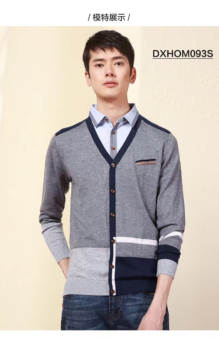 Red bean nam dệt kim áo len nam mùa xuân thường nhấn màu áo len nam ve áo giả hai mảnh khảm d9 - Cặp đôi áo len cardigan nữ