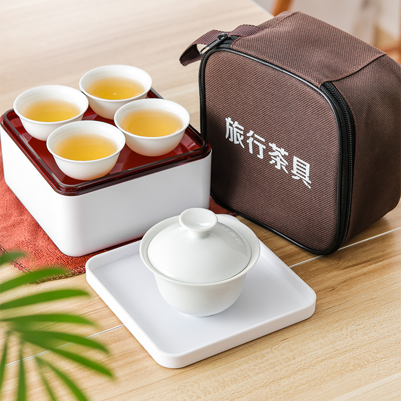Fashion On-board Travel Mini Outdoor Portable Tea Tea Chaoshan Kung Fu Tourist Pure White Cover Bowl Tea Tea Cup Suit