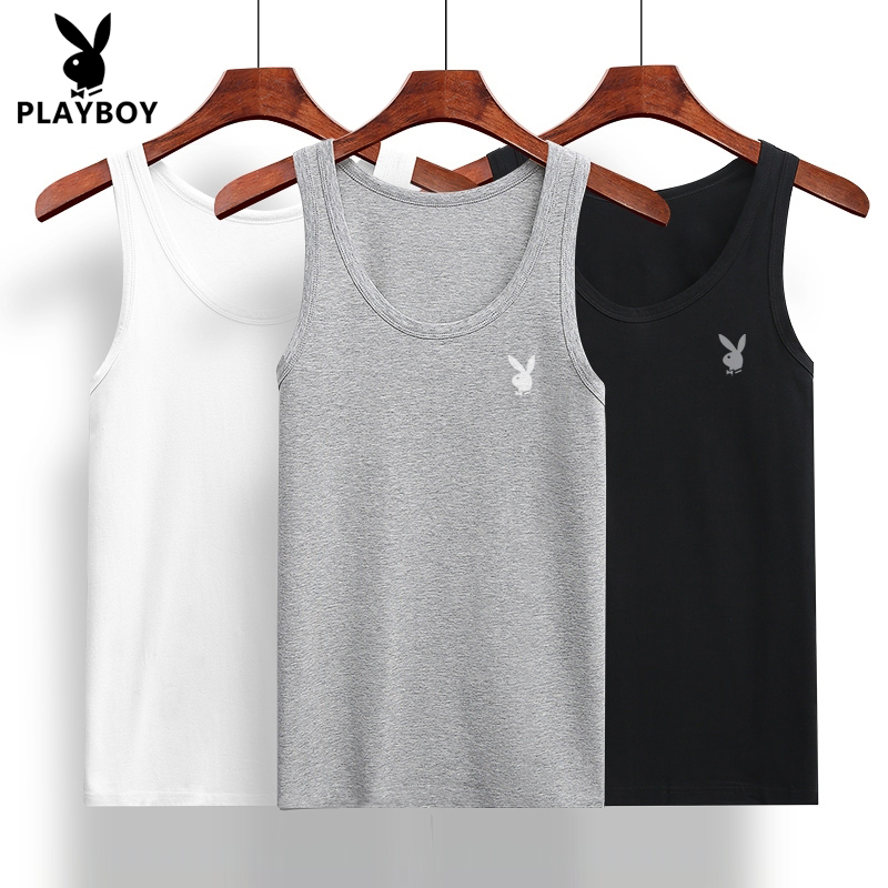 Flowers Playboy men's vest pure cotton tight fit motion inside the men's sleeveless bottom cross bar summer white sweatshirt