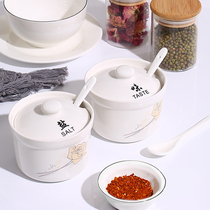 Chinese ceramic seasoning jar seasoning jar seasoning box kitchen supplies household sugar jar salt jar chili jar lidded spoon