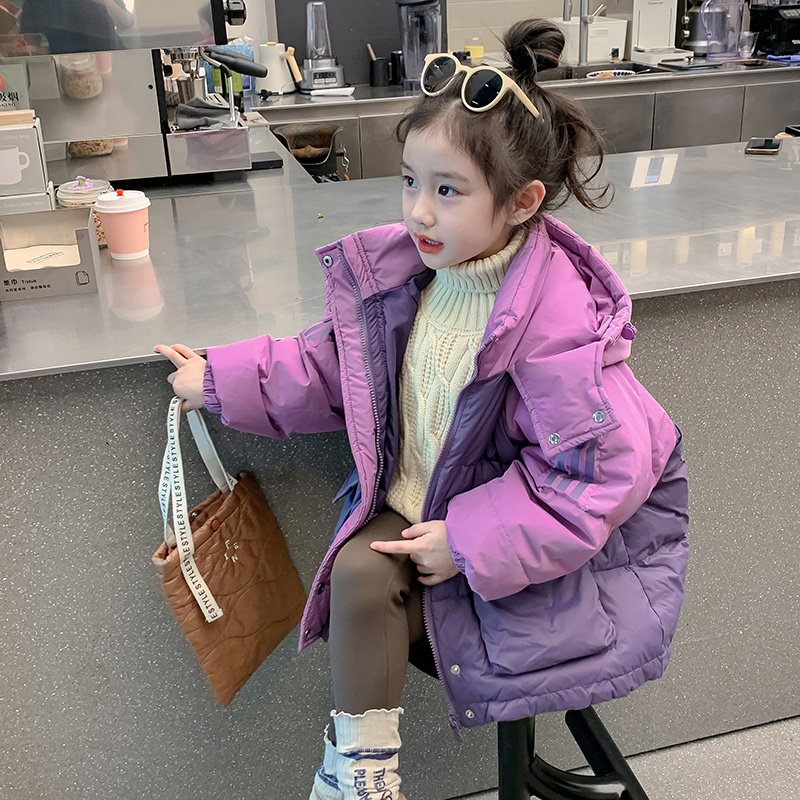 Girls' down Jacket 2025 New Style, Short Color-Blocked Hooded Thickened Stylish down Cotton Coat for Older Children, Warm