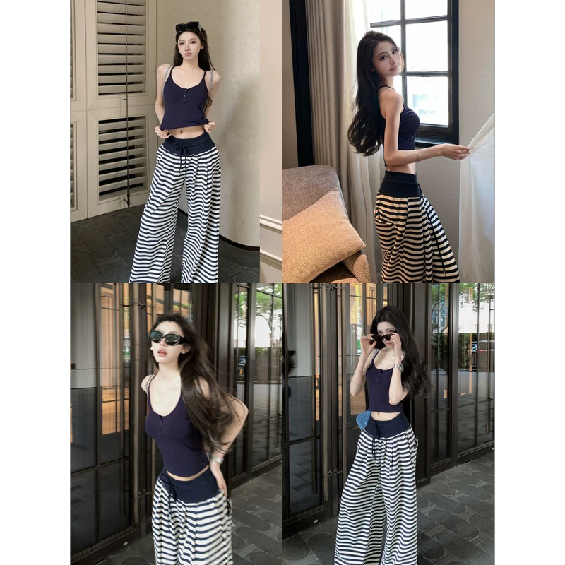 Summer U-Neck Cow Bone Button Camisole + Elastic Waist Drawstring Striped Sports Casual Long Pants Two-Piece Set for Women