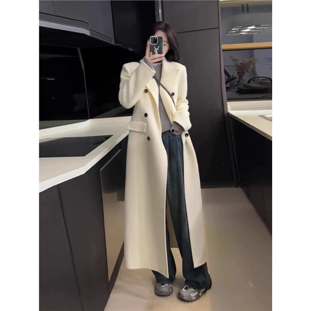 Off-white Hepburn style double-sided cashmere coat for big women autumn and winter 2025 new high-end mid-length woolen coat