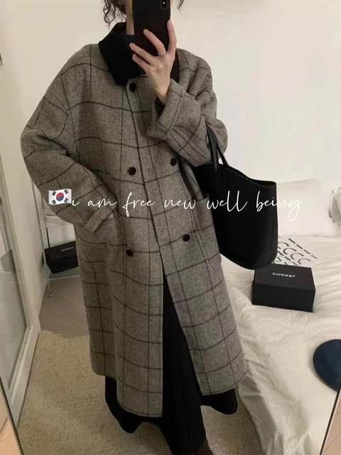 人字纹双面呢羊绒大衣女新款加厚外套中长款冬季格子复古毛呢外套
