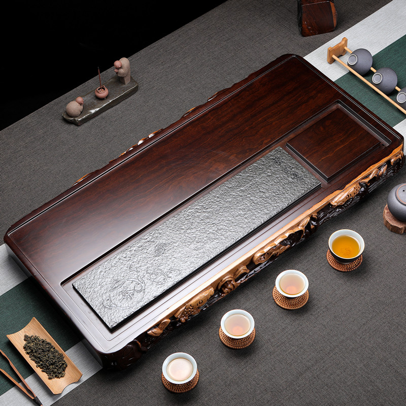 Ebony stone carved tea tray whole solid wood tea sea tea table log drainage type tea tray lotus fish