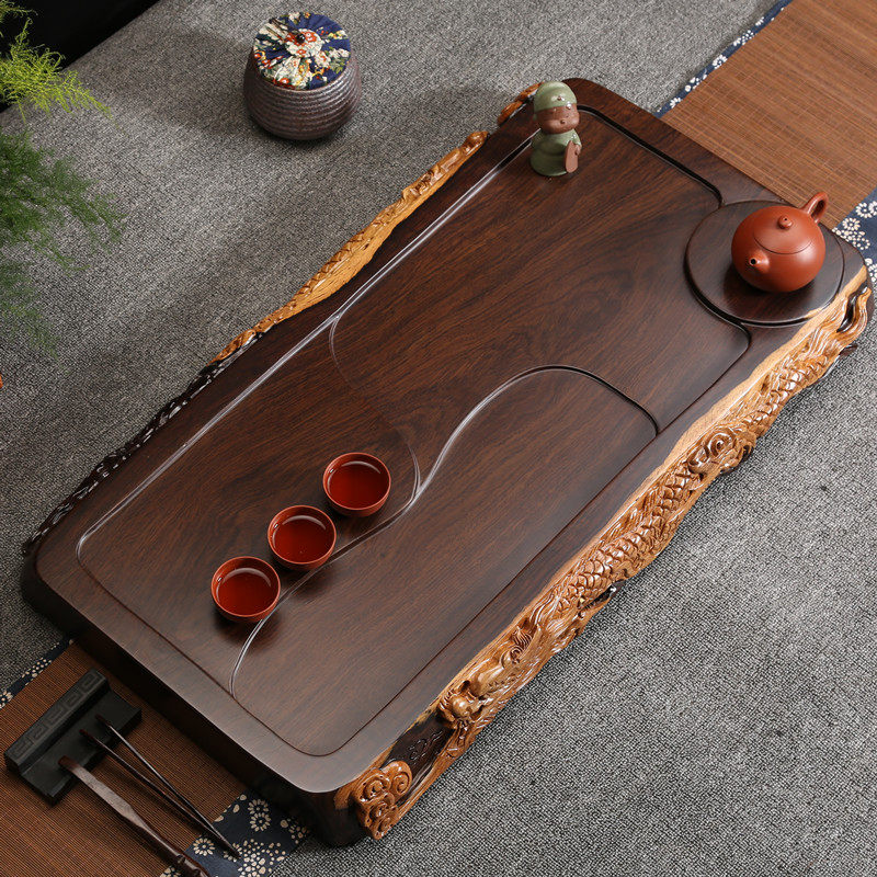 Black sandalwood tea tray Solid wood Gongfu tea set Drainage tea sea Whole log large carved tea table rectangular