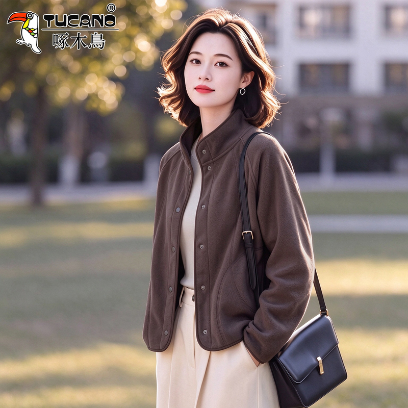 Woodpecker Stand-Collar Fleece Jacket for Women 2026 New Spring and Autumn Petite Mom Casual Versatile Cardigan Sweatshirt