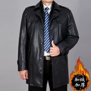 Mùa đông trung niên da nam và nhung dày ve áo dài trench leather áo khoác da cha giản dị