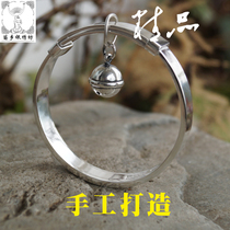 Miao Township Silver embroidery square S990 pure handmade personality Bell square glossy push-pull foot silver bracelet men and women design custom-made