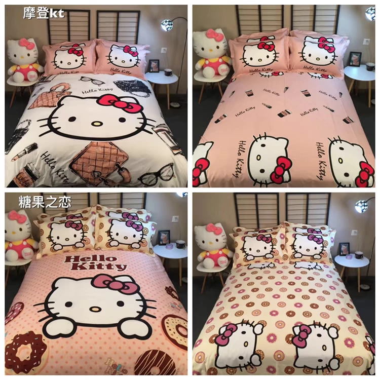 Bông Hello Kitty gia đình kt bốn chải Holle bông chăn chào con mèo cô gái cô gái Sheets - Bộ đồ giường bốn mảnh