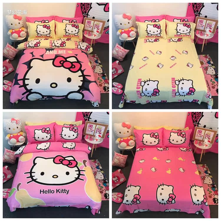 Bông Hello Kitty gia đình kt bốn chải Holle bông chăn chào con mèo cô gái cô gái Sheets - Bộ đồ giường bốn mảnh bộ chăn ga gối đệm cưới đẹp