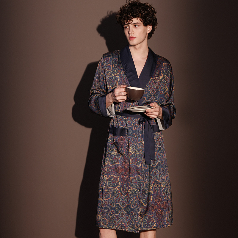 Ice Silk Nightgown Men's Summer Pajamas Thin Long-Sleeved Bathrobe Long Cashew Flower Large Size 2025 New Sexy Dressing Gown Ice Silk Nightgown Men's Summer Pajamas Thin Long-Sleeved Bathrobe Long Cashew Flower Large Size 2025 New Sexy Dressing Gown