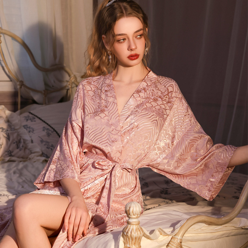 Ice Silk Satin Nightgown for Women, New Spring and Summer Style, High-End Plant Print, Chinese Style, Loose and Sexy, Tie-Up Bathrobe