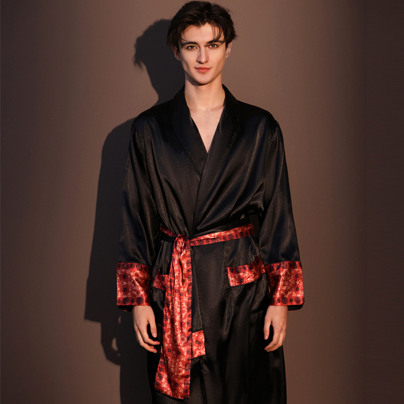 Men's Ice Silk Nightgown, Thin, Long, Printed, Sexy Lace-Up Bathrobe, Spring and Summer High-End Silk Loungewear, Large Size