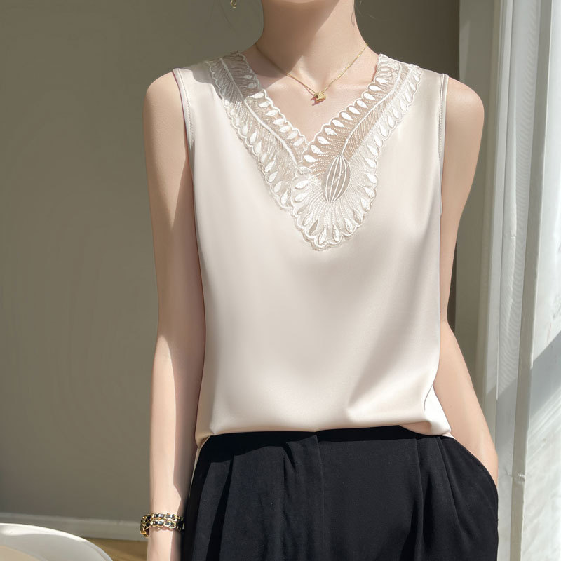 Summer Silk Camisole for Women, Outerwear, Acetate Satin Sleeveless Base Shirt, Loose Lace Splicing, Suitable for Wearing under a Suit