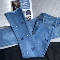 2022 spring C home high waist spring and summer style pearl bowknot foot tassel 9 points jeans womens micro-horn look thin