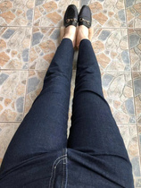 21 Autumn New Italy Cs customer supply dark blue elastic high waist slim denim flared pants female raw edge slightly flared nine