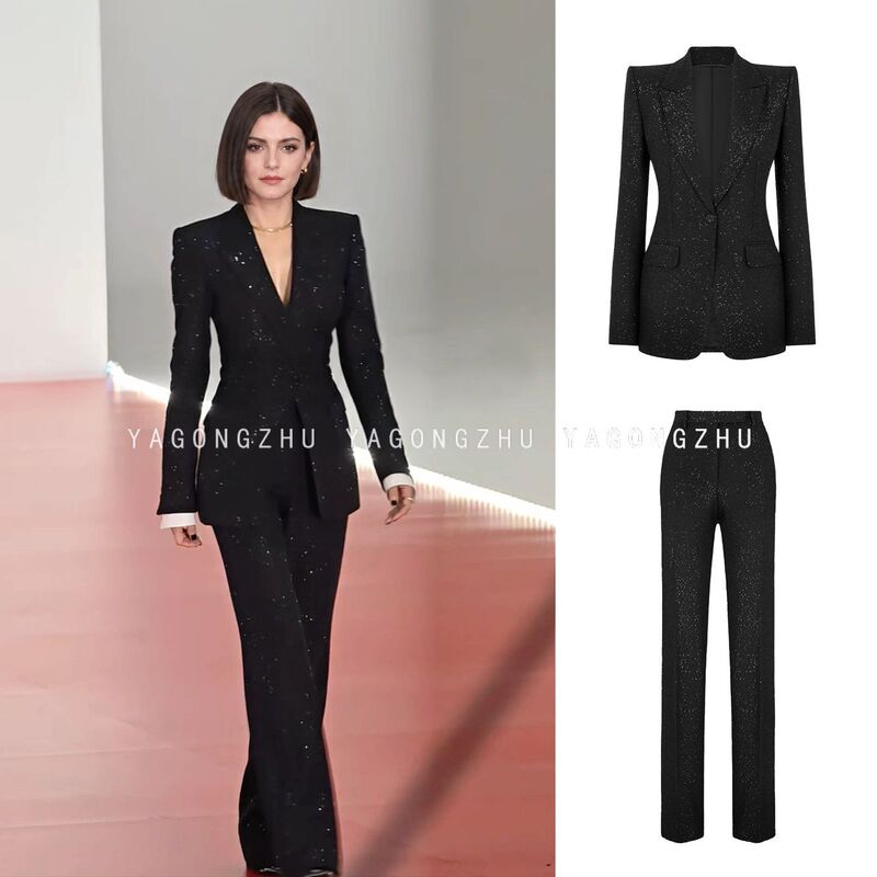 [Same Style as Qin Lan] Yagongzhu Women's Slim Fit Black Sequin Suit Jacket and Pants