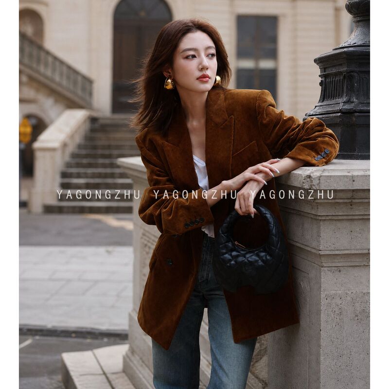 [Same Style as He Ruixian] Yagongzhu Coffee-Colored Blazer for Women, High-End Celebrity Corduroy Single-Piece Suit
