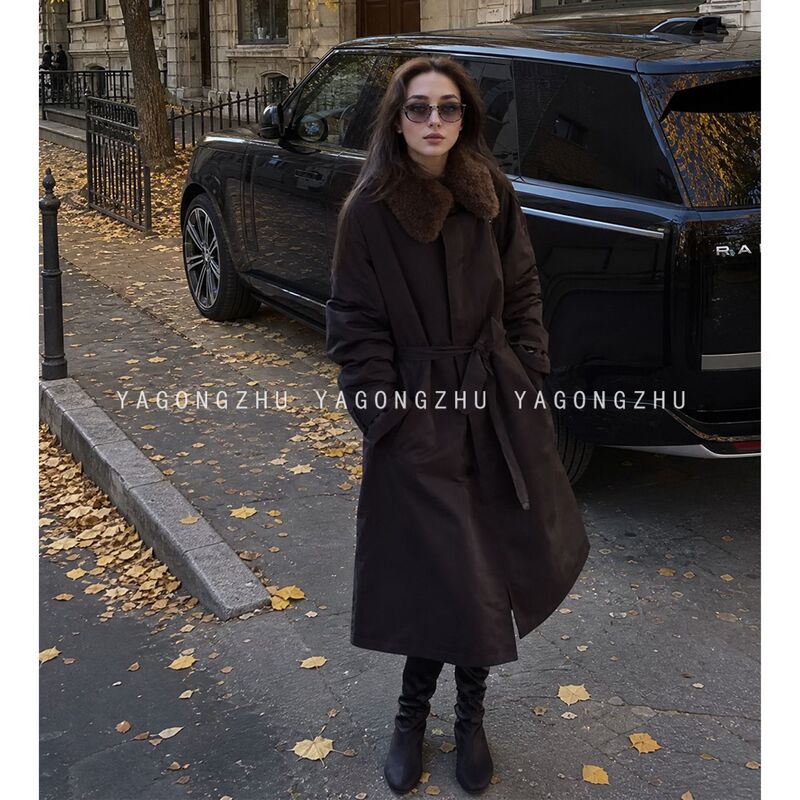 Yagongzhu【Wool Collar】Korean Style Simple Casual Trench Coat down Jacket for Women Winter Long Coat with Tie