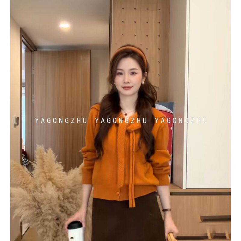 Korean-Style Lazy Style Shawl Knit Cardigan for Women, Tie-Neck Navy Collar Soft Short Sweater Coat 7
