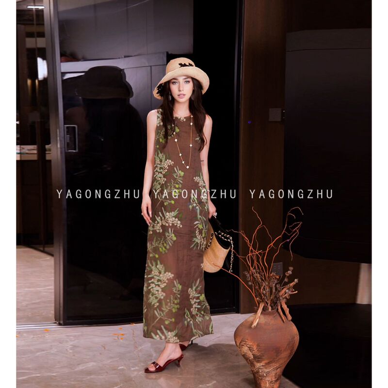 Yagongzhu Ramie Dress with a High-End Feel, Vintage Print, Sleeveless Vest, Coffee-Colored Dress, Women's A-Line Long Dress