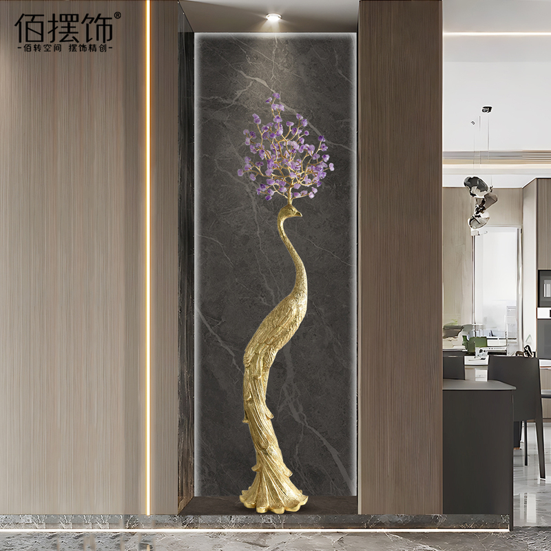 Amethyst Brass Peacock Ornament Large-Sized Floor-Standing Decoration for Entrance Hall, Living Room, Tv Cabinet, or Next to the Sofa, High-End Artwork