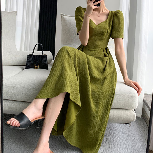 Plus size women's French light familiar style high-end thin square collar dress summer waist waist temperament puff sleeve long skirt