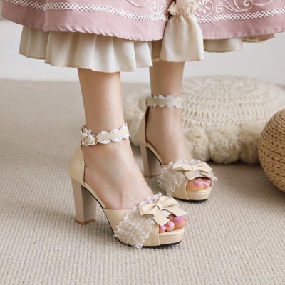 taobao agent Japanese spring and summer fish mouth lace super high heels thick heel sweet bow Lolita size size girl leather shoes