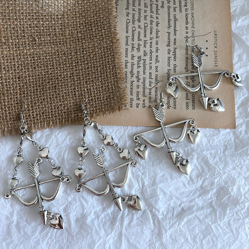 Original design ancient silver bow and arrow long version of love earrings 925 silver hook without ear clip