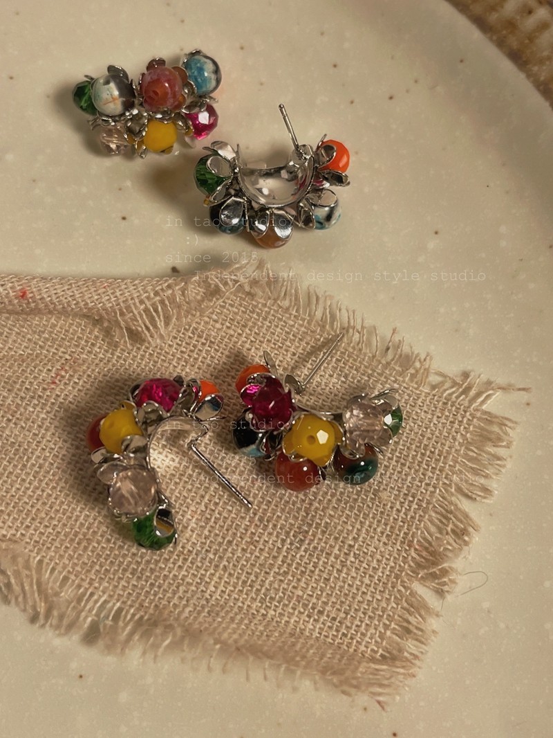 Colourful flower bushes with wind retro colorful strings beads temperament 100 hitch earrings female niche ear-in-ear accessories