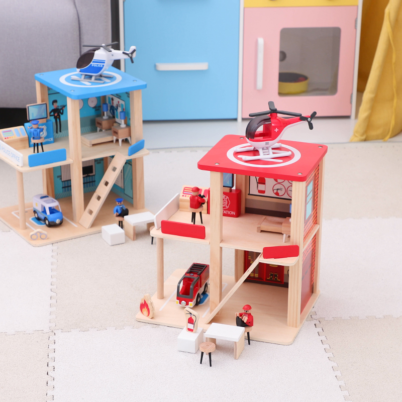 Children's vocal light posing as home Wine Toy Wooden Multilayer Police Fire Station Emulation Capture Rescue Fire Fighting Game