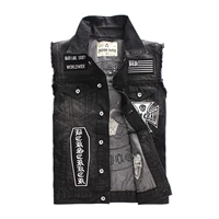 Người tối châu Âu và người Mỹ đường phố khó khăn thêu sọ người đàn ông denim vest vest mỡ cộng với phân bón để tăng - Dệt kim Vest áo khoác len dáng dài hàn quốc